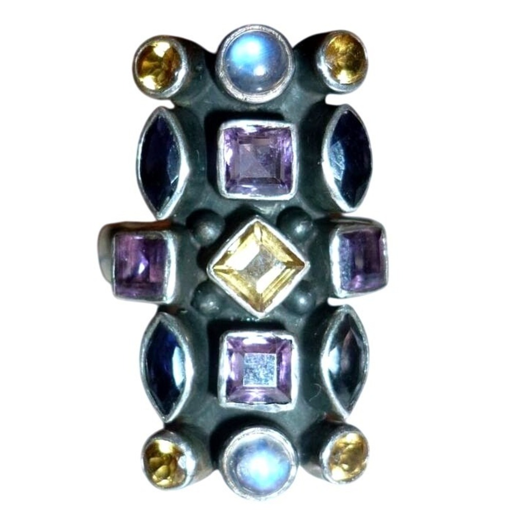 Vintage RB India 925 Sterling Silver Multi Gemstone Knuckle Armor Ring Size 8